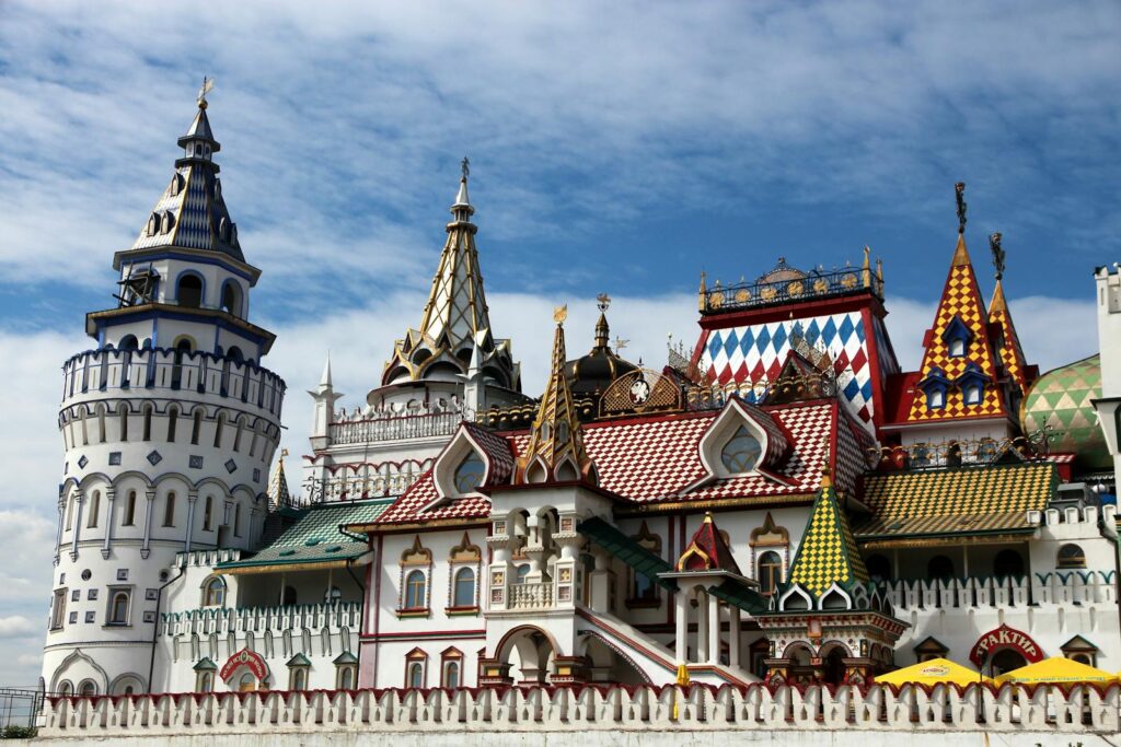 Vibrant and historic Izmaylovo Kremlin in Moscow, showcasing traditional Russian architecture.